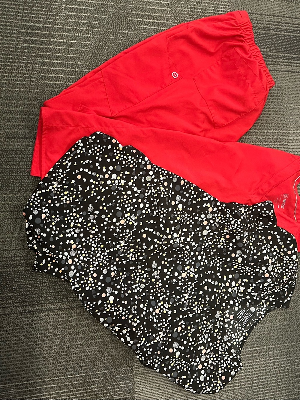 Red scrub top/bottom and black scrub top